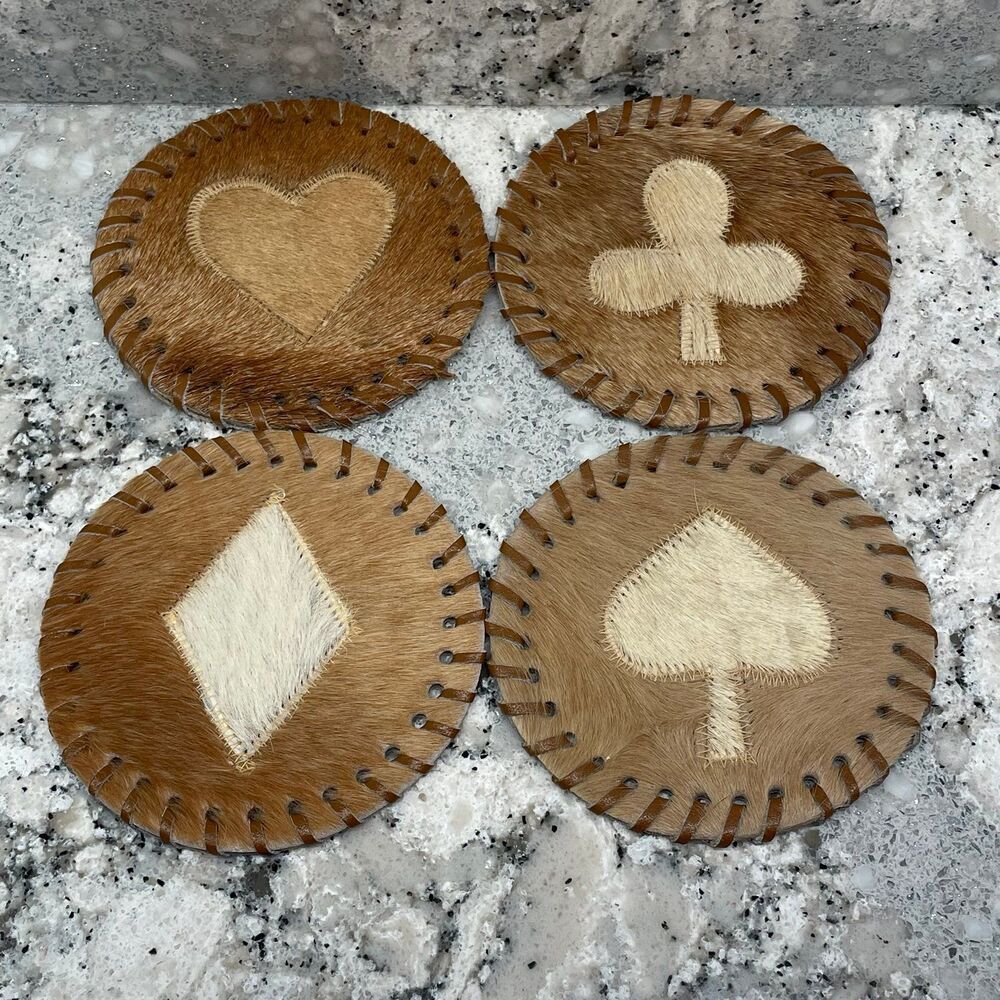 Vintage Handmade Cow Animal Hyde Fur Coaster Set Spade Diamond Heart Clover